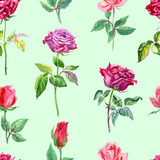 Seamless roses pattern on a pale green background, watercolor illustration, print for fabric, background for other designs.