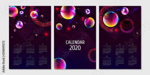Calendar 2020 Dark retro futuristic neon abstraction background cosmos 3d galaxy and planets blue circles