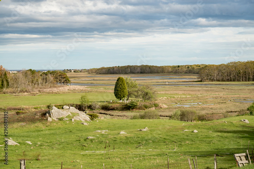 Spring farm and hay field in Maine, USA.