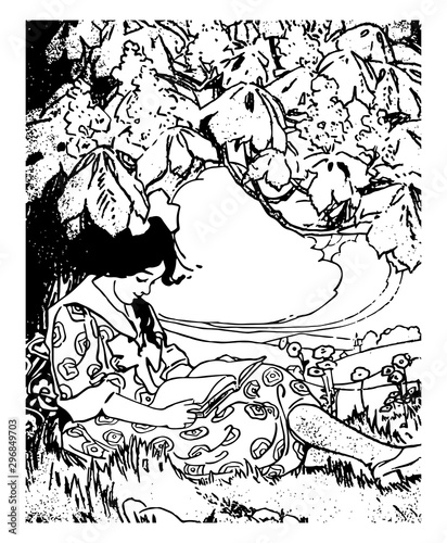 Girl Reading interesting vintage engraving.