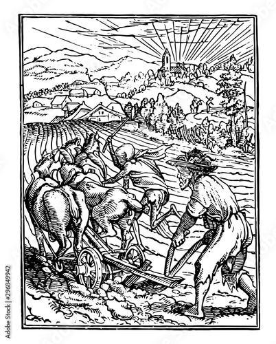 The Plowman is part of a series called the Dance of Death vintage engraving.