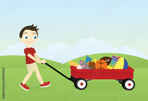 Vector illustration of a boy pulling a wagon full of toys