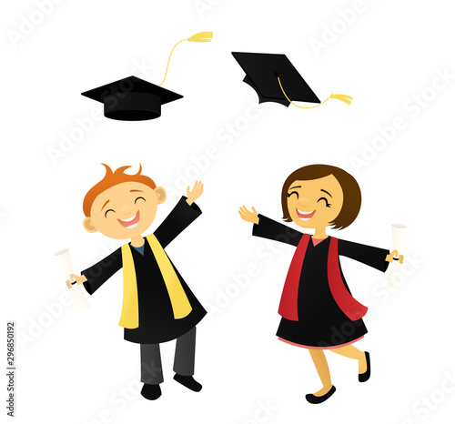 Vector illustration of two happy graduates tossing their caps into the air