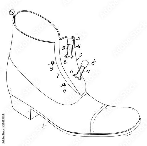 Fastening for Shoe made of leather or similar material vintage engraving.