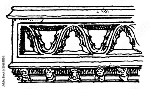 Gothic Architecture Parapet Moulding, crenelated molding, vintage engraving.
