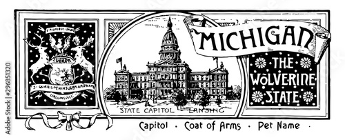 The state banner of Michigan the wolverine state vintage illustration