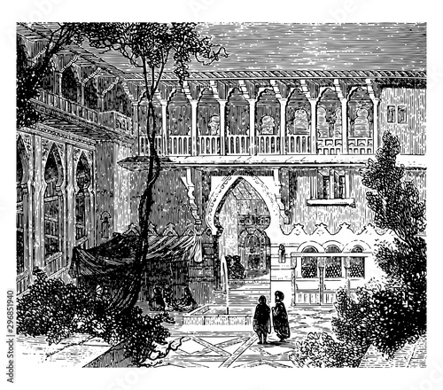 Courtyard of a House, an antique structure, vintage engraving.