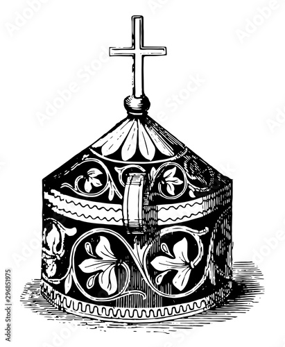 Pyx is a small used in the Catholic church vintage engraving.