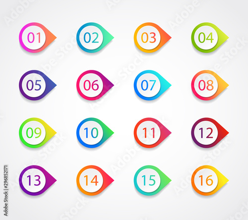Bullet marker icon with number 1, 3, 4, 5, 7, 9, 10, 12 for infographic, presentation. Set of graphic pointer with steps. Sticky point bullet gradient color. Template label info bullet. vector