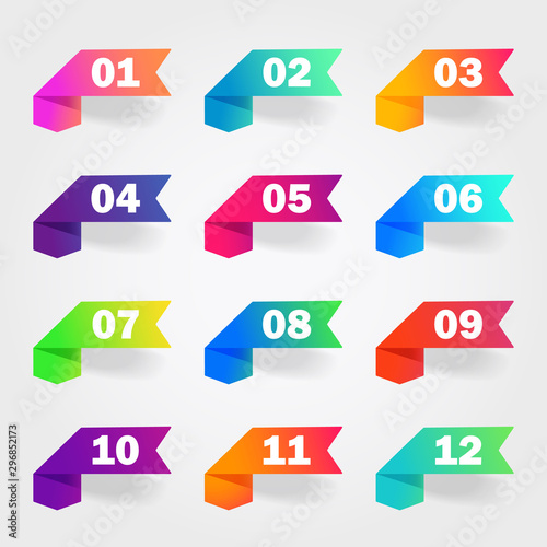 Bullet marker icon with number 1, 3, 4, 5, 7, 9, 10, 12 for infographic, presentation. Set of graphic pointer with steps. Sticky arrow bullet gradient color. Template label info bullet. vector