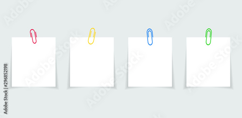 Memo paper with paperclip for office paperwork. Fastener, paperclip with blank notepaper. Attaching binder with white note sheet. Set of isolated color paperclip for text. Clips and list. vector