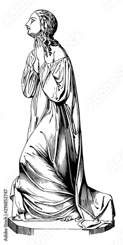 Morning Prayer Sculpture was depicts a woman praying vintage engraving.