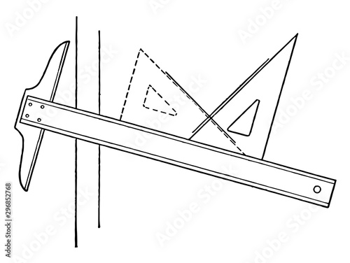 Drawing Perpendicular Lines Using T to square and Triangle other edge is just in contact vintage engraving.