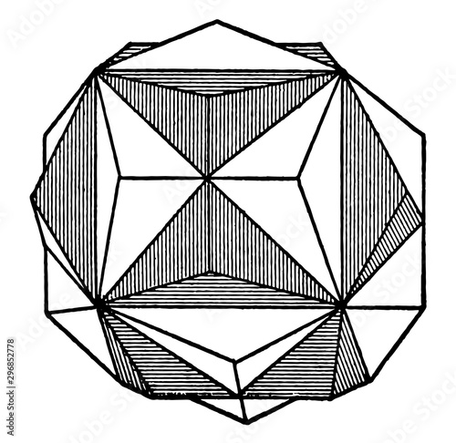 Penetration Twin of Pyrite, vintage illustration.