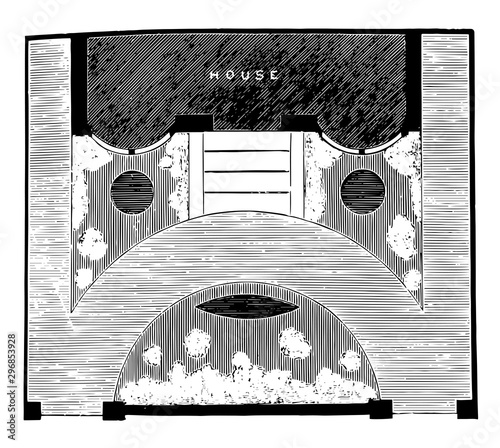 Front Carriage Entrance of the Plan of a Detached Villa Garden vintage engraving.