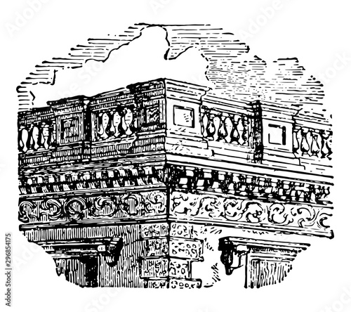 Balustrade roof vintage engraving.