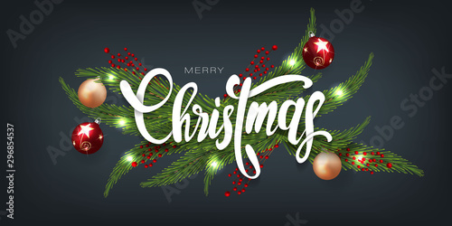 Merry Christmas and happy new year banner. Realistic Tree Branches and lights Xmas design, handwriting christmas font