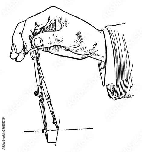 Drawing a Circle Using Compass pencil lead with the compass needle vintage engraving.