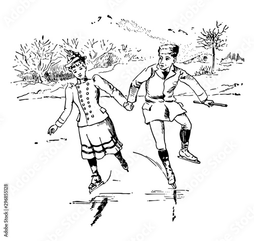 Young couple skating vintage illustration.