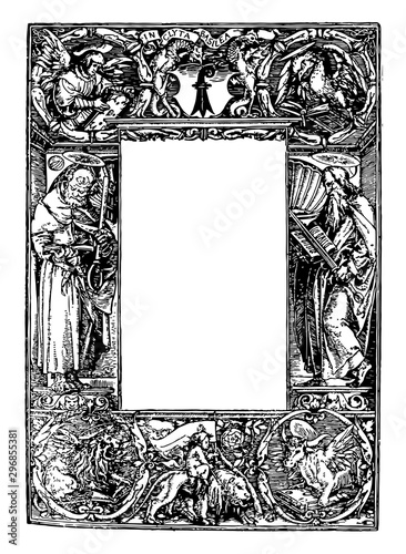 Religious Border has religious connotations with a bearded man on each side with a halo and an angel on the top left corner reading vintage engraving.