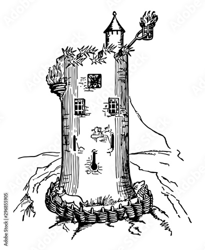 Medieval Watch Tower freestanding structure vintage engraving.