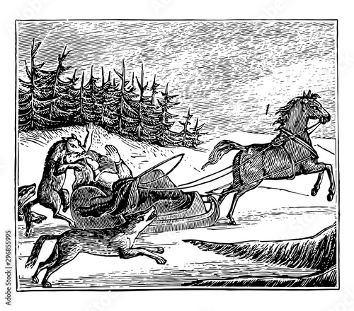 Wolves Attacking a Traveler vintage illustration.
