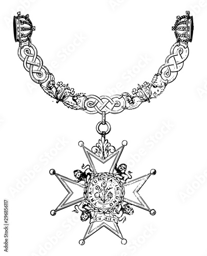 Insignia of the Order of the Bath is composed of nine imperial crowns vintage engraving.