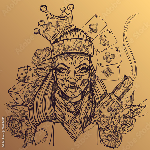 Girl death. Portrait of a woman with halloween makeup. Day of the Dead a coloring face. Bandit woman for t-shirt design or print.