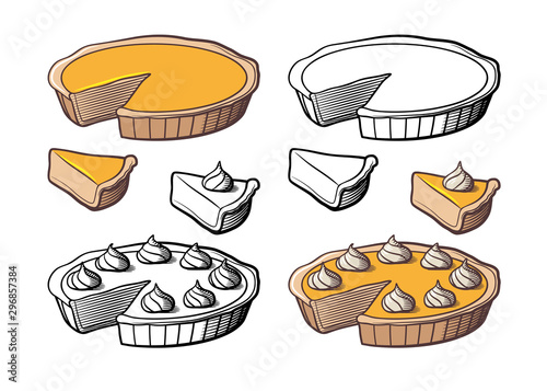 Sweet tasty pumpkin pie with cream. Whole pie and slice. Retro style vector image, outline and colored version