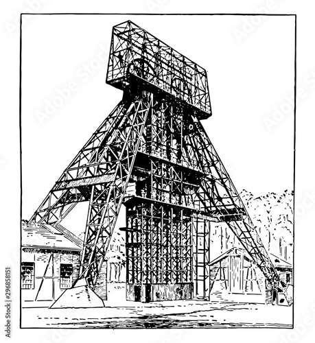 German Steel Mining Headgear Hoist Tower vintage illustration.
