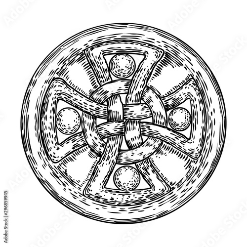 Circular decorative Christian religion cross design. Religious circle crucifixion symbol carved in marble stone. Vector.