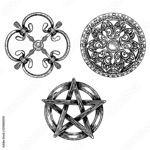 Set of drawings of circular shape baroque design marble stone elements and  Pentagram. Hand drawn ancient pagan symbol of five pointed star. Vintage patch for scarf, print, fabric and dress. Vector.