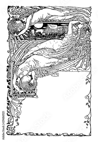 The Sirens Three is a fairy tale vintage engraving.