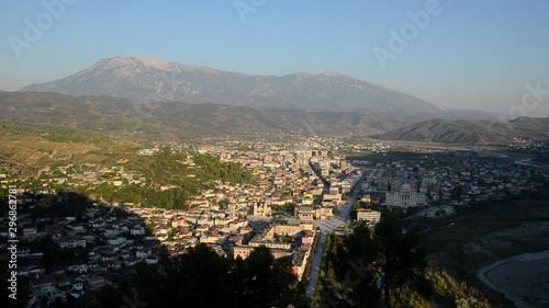 Berat, Berati, Albania and Tomorri massif. UNESCO World Heritage Site. Panorama, view from above. Old town and citadel.  photo