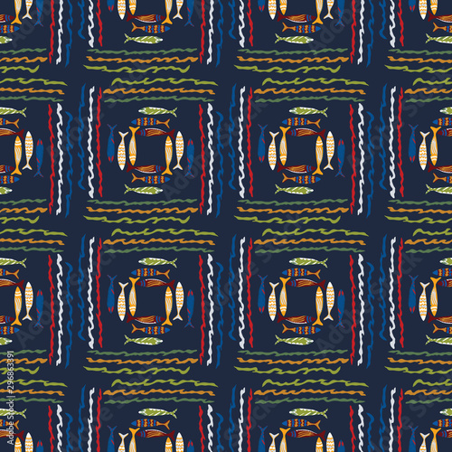  Sardines Shoal of Fish Seamless Vector Pattern. Swimming Sea Animal Motif for Lisbon St Anthony Portugese Food Festival. Graphic for Traditional Recipe Party, Canned Seafood Packaging. Vector EPS10