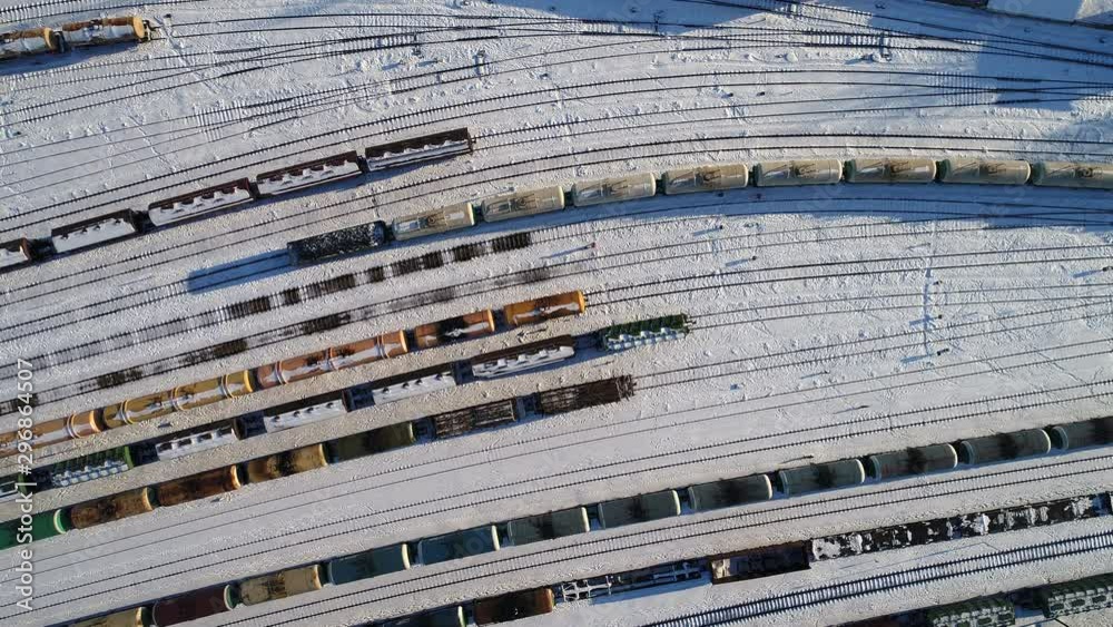 Train in depot from above during winter Train in depot from above during winter