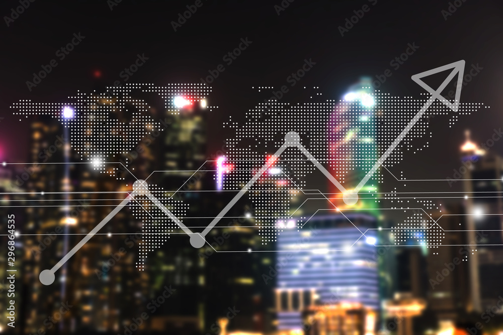 Fototapeta premium Blur capital town many buildings in city with transportation system double exposure graph and technology icon with night time light view.