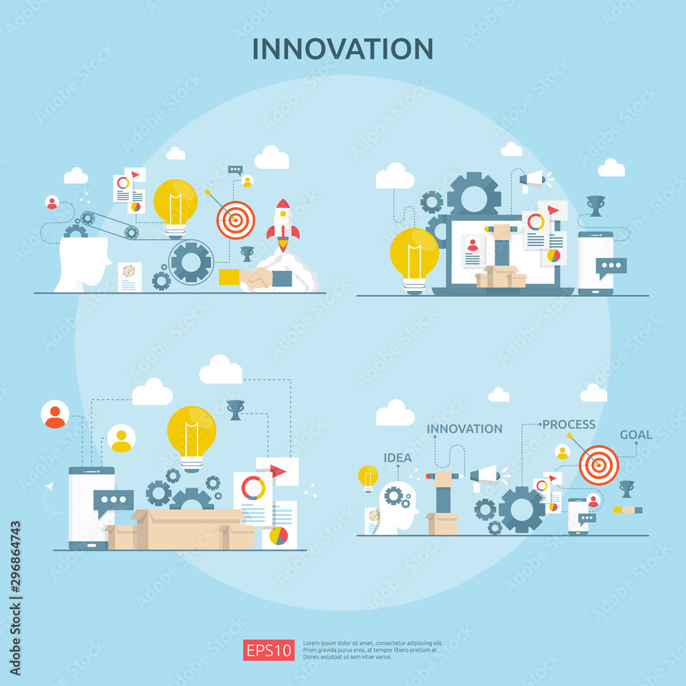 brainstorming innovation idea process and creative thinking concept with light bulb lamp for start up business project. illustration set for web landing page, banner, presentation, social media, print