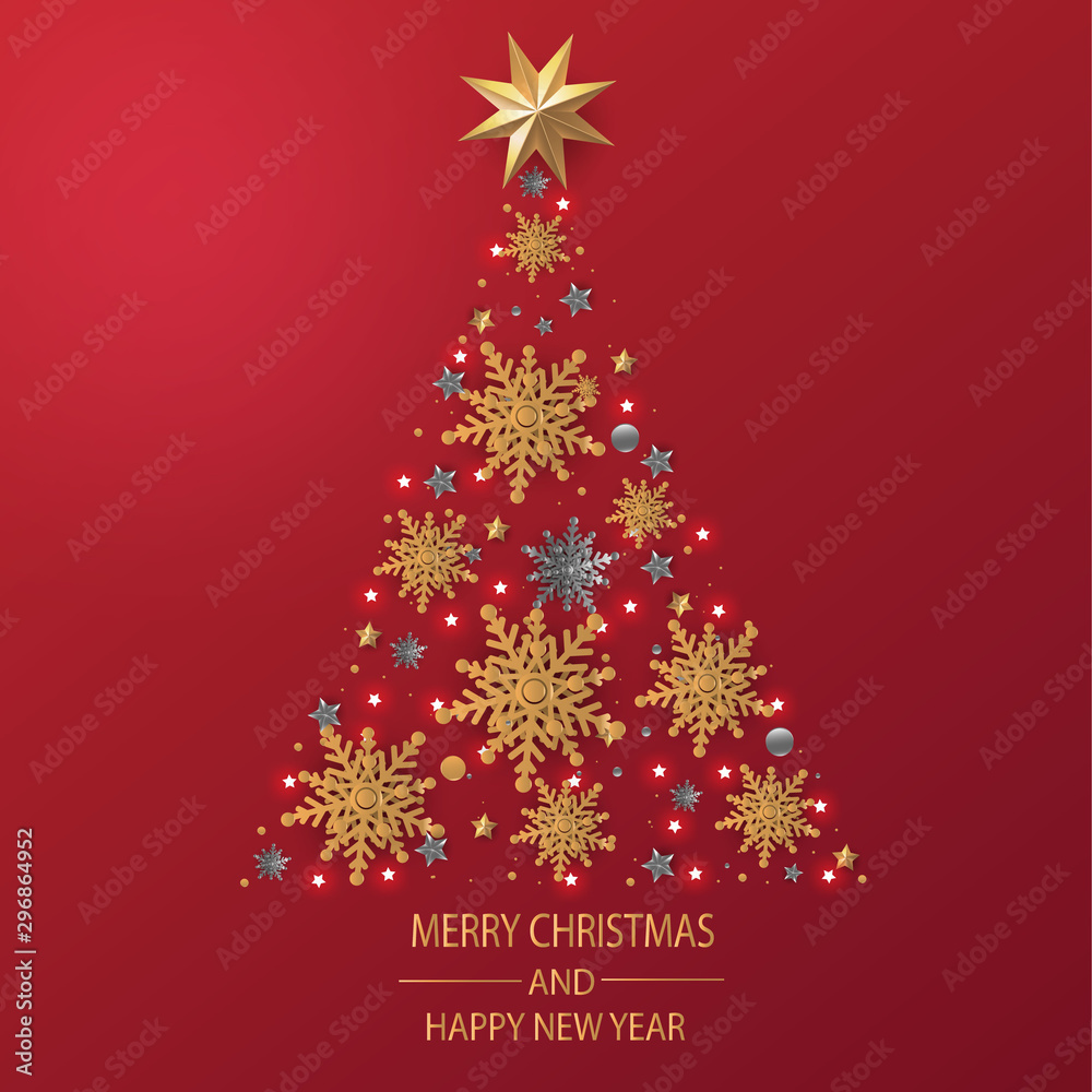 Merry Christmas and Happy New Year. Christmas greeting card in red background made by snowflakes with decoration. Merry Christmas and Happy New Year. Christmas greeting card in red background made by snowflakes with decoration.