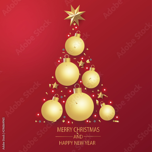 Merry Christmas and Happy New Year. Christmas greeting card in red background made by Christmas balls with decoration.