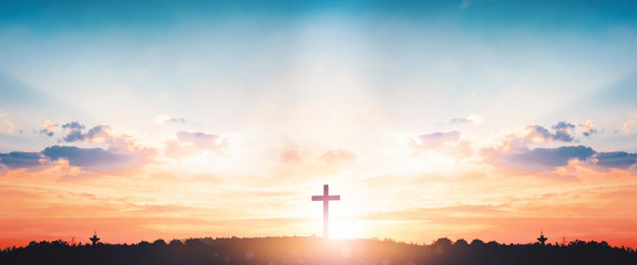 Resurrection of Jesus Christ concept: God Lamb in front of the cross of Jesus Christ on sunrise background