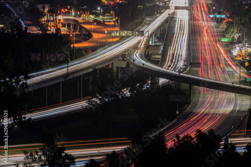 Night view of commuters on Route 134 and Interstate 5 Freeway interchange ramps near Los Angeles  Burbank and Glendale  California.