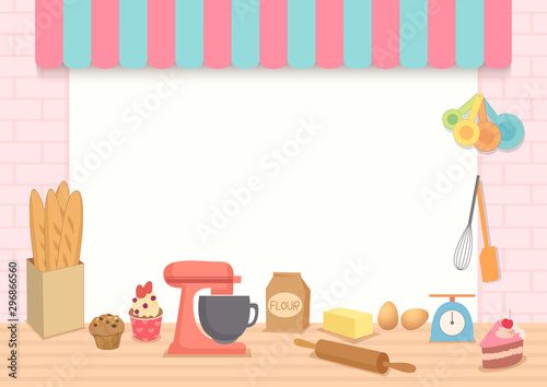 Bakery template with baking Equipment on kitchen background.