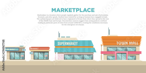 Illustration of various marketplace store buildings. Shop and Trade business building from the front view. Cartoon drawing of a shop building.