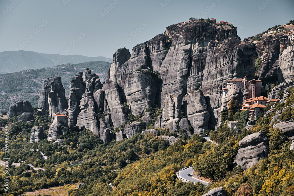 view of mountains with monesterys on top Meteora Greece view of mountains with monesterys on top Meteora Greece