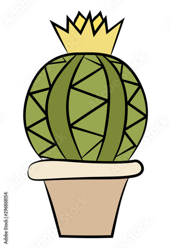Flowering cactus in a pot. Home plant isolated on white background. Hand drawn style. Vector illustration.