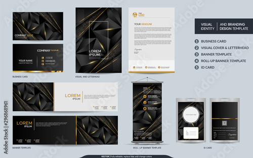 Modern black gold polygonal stationery mock up set and visual brand identity with abstract overlap layers background.