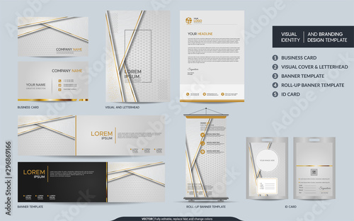 Luxury white gold stationery mock up set and visual brand identity with abstract overlap layers background.