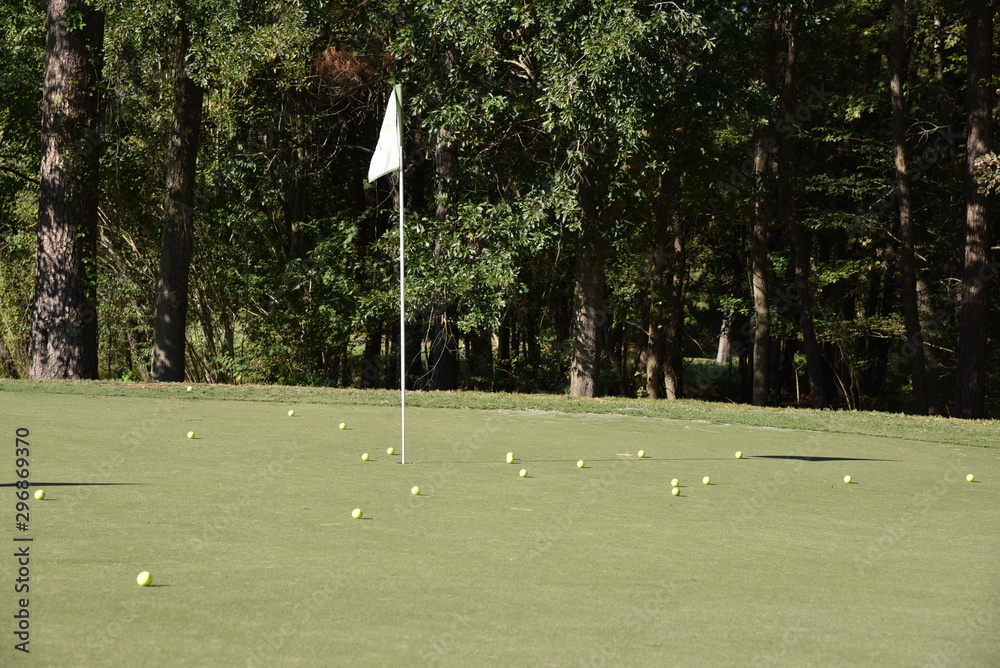 Obraz premium Practice putting green with multiple golf balls on a sunny day.
