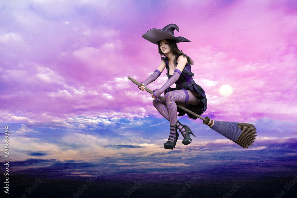 ほうきに乗って空飛ぶかわいい魔女 Stock Illustration Adobe Stock